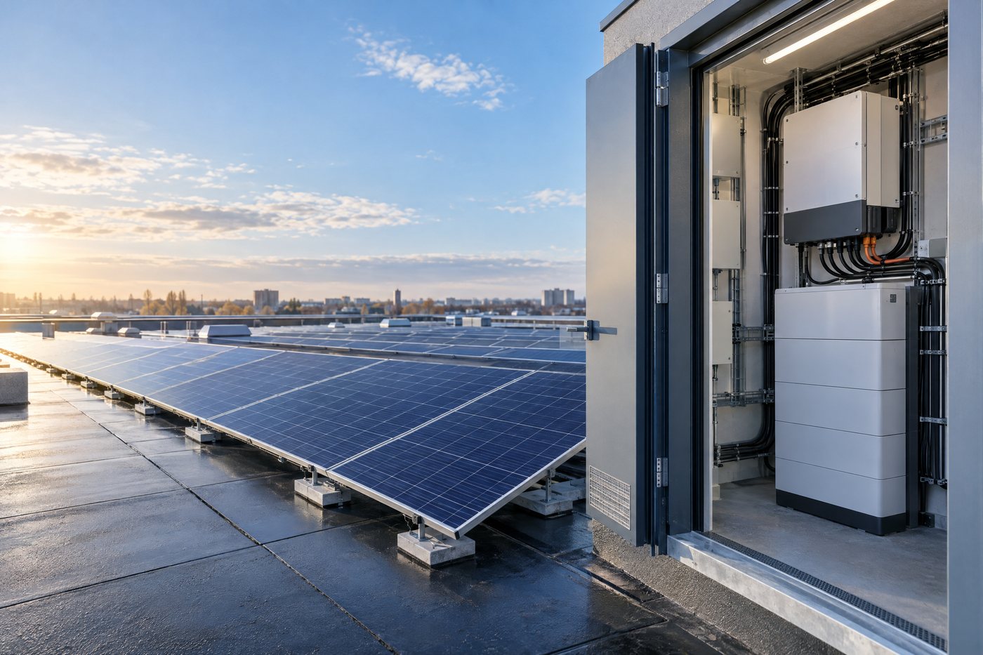 Zonnepanelen op een bedrijfsdak met accuopslag en technische aansluiting